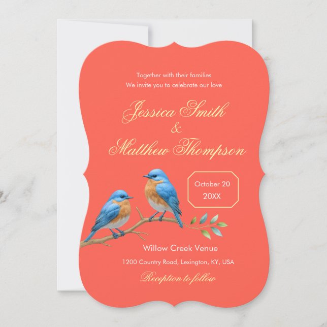 Elegant Verona Sunset Coral Bluebirds Wedding  Invitation (Front)