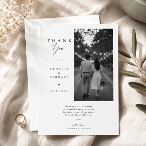 Elegant Vertical Black & White Photo Wedding Thank You Card