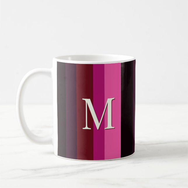 Elegant Vertical Stripes Plum Magenta Monogrammed Coffee Mug (Left)