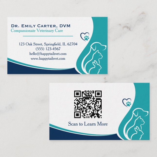 Elegant Veterinary Business Card With QR Code (Front/Back)