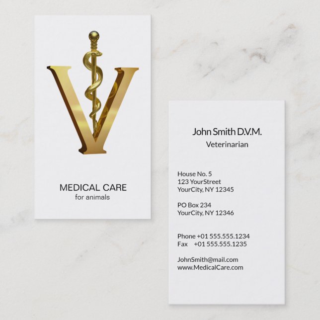 Elegant Veterinary Medicine Gold V Vet Asclepius Business Card (Front/Back)