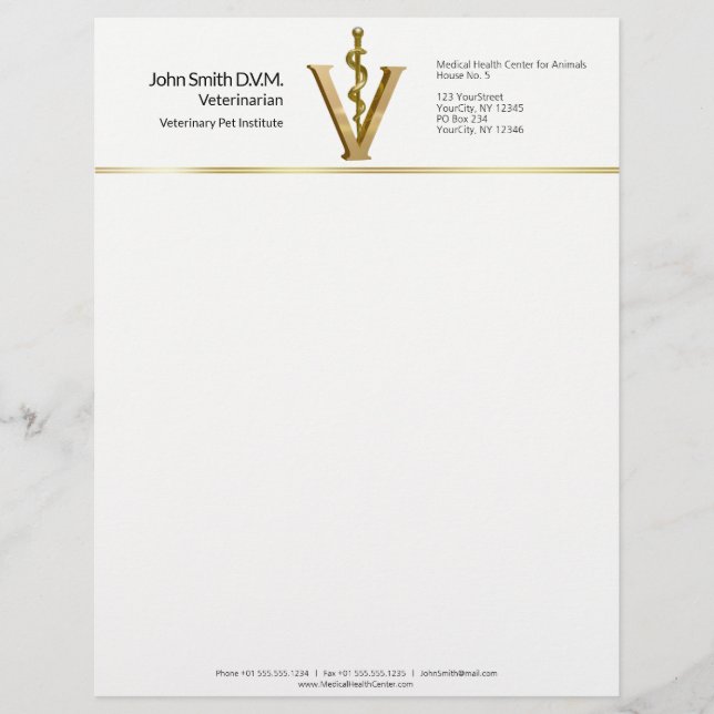 Elegant Veterinary Medicine Vet Asclepius Gold V Letterhead (Front)