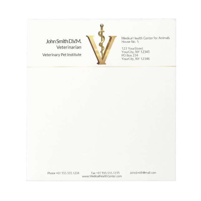 Elegant Veterinary Medicine Vet Gold V Asclepius Notepad (Front)