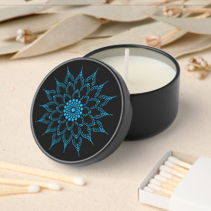 Elegant Vibrant Aqua Floral Mandala on Black Mini Candle Favors
