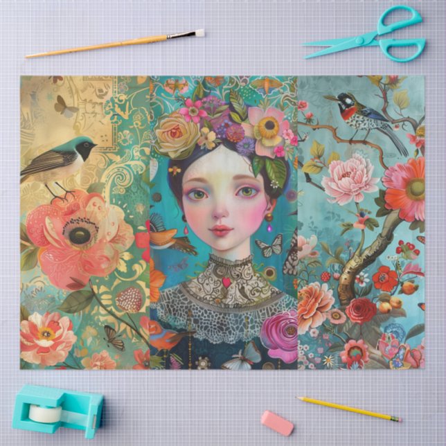 Elegant Vibrant Colorful Floral Decoupage Collage Tissue Paper (Craft)