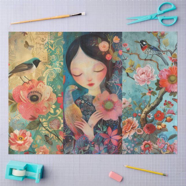 Elegant Vibrant Colorful Floral Decoupage Collage Tissue Paper (Craft)