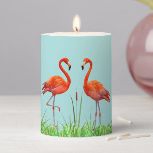 Elegant Vibrant Coral Pink Flamingos & Reed Plant Pillar Candle