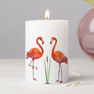 Elegant Vibrant Coral Pink Flamingos & Reed Plant Pillar Candle