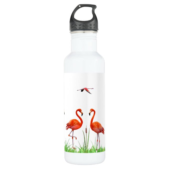 Elegant Vibrant Coral Pink Flamingos & Reed Plant Stainless Steel Water Bottle (Front)