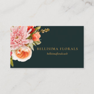 Elegant Vibrant Flowers on Dark Teal Business Card
