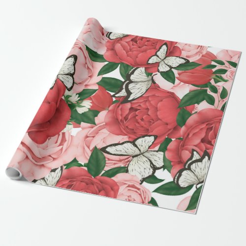 Elegant Vibrant Red Pink Roses with Butterflies Wrapping Paper