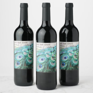 Elegant Vibrant Teal Peacock Feather Save the Date Wine Label