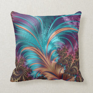 Elegant Vibrant Turquoise Purple Abstract Feathers Throw Pillow