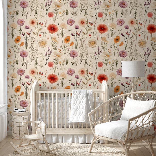 Elegant Vibrant Wildflowers Floral Botanical Beige Wallpaper (Kids)