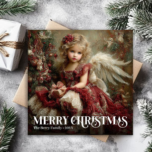 Elegant Victorian Angel Burgundy Red Green Gold  Holiday Card