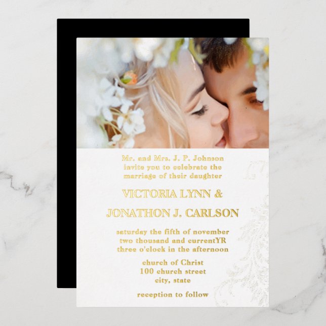 Elegant Victorian Ball Gold Photo Wedding  Foil Invitation (Front/Back)
