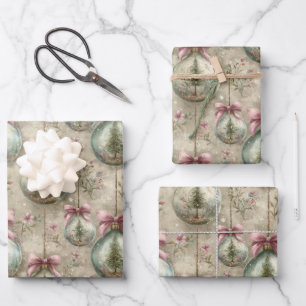 Elegant Victorian Bauble and Bow Christmas Gift Wrapping Paper Sheets