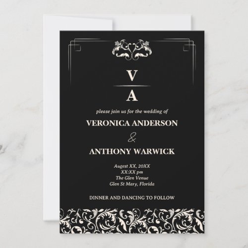 Elegant Victorian Black  White Floral Wedding Invitation