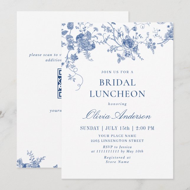 Elegant Victorian Blue Floral BRIDAL LUNCHEON Invitation (Front/Back)