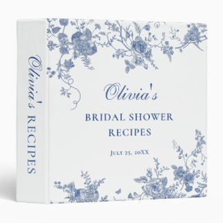 Elegant Victorian Blue Floral Bridal Shower Recipe 3 Ring Binder