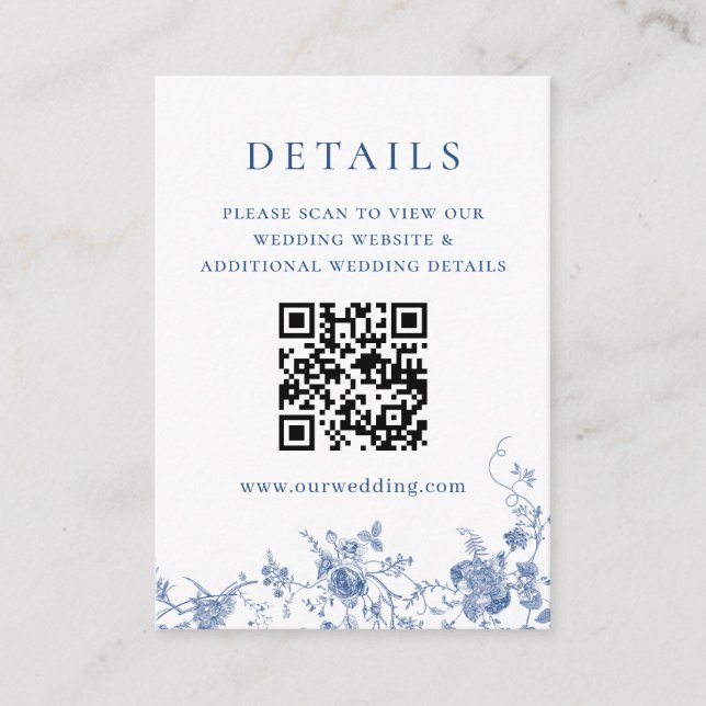 Elegant Victorian Blue Floral QR code Details Enclosure Card (Front)