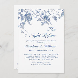 Elegant Victorian Blue Floral Rehearsal Dinner Invitation