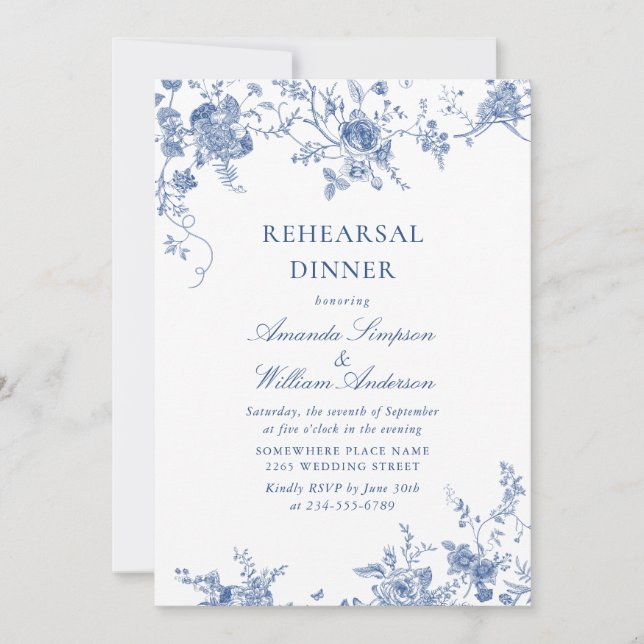 Elegant Victorian Blue Floral Rehearsal Dinner Invitation (Front)