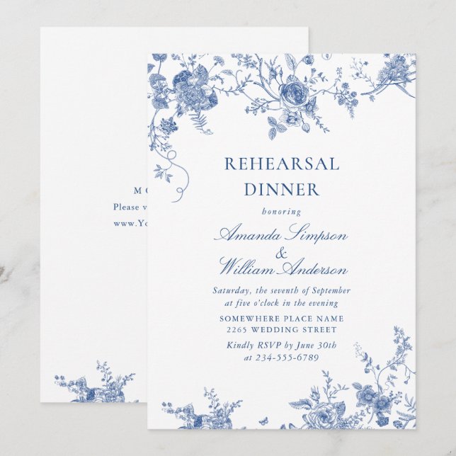 Elegant Victorian Blue Floral Rehearsal Dinner Invitation (Front/Back)