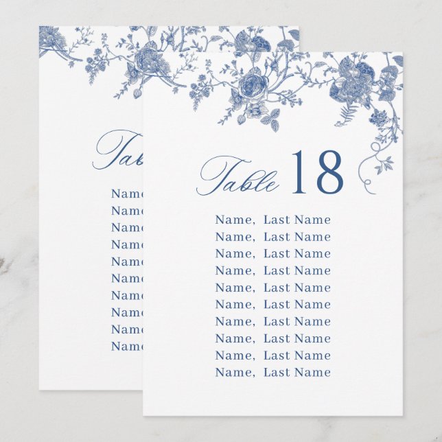 Elegant Victorian Blue Floral Seating Chart Cards (Front/Back)