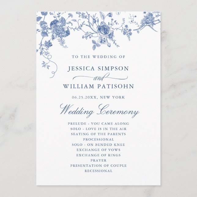 Elegant Victorian Blue Floral Wedding Program (Front)
