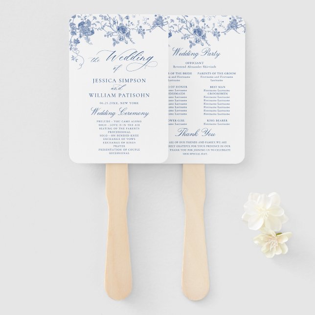 Elegant Victorian Blue Floral Wedding Program Hand Fan (Front and Back)