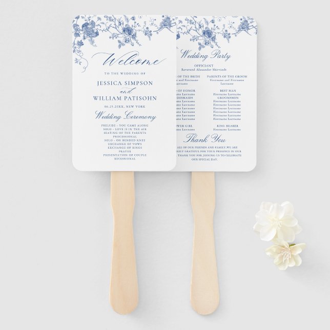 Elegant Victorian Blue Floral Wedding Program Hand Fan (Front and Back)
