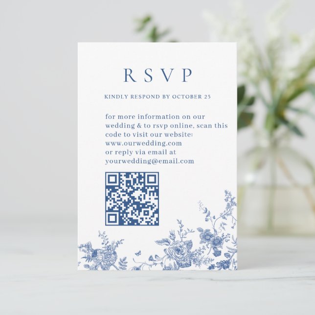 Elegant Victorian Blue Floral Wedding QR code RSVP Card (Standing Front)