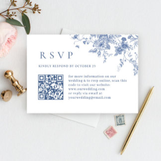 Elegant Victorian Blue Floral Wedding QR code RSVP Card