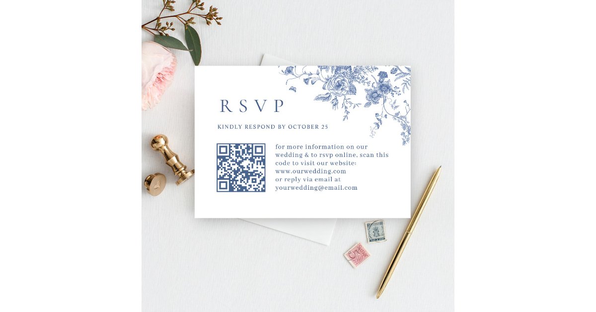 Elegant Victorian Blue Floral Wedding QR code RSVP Card | Zazzle