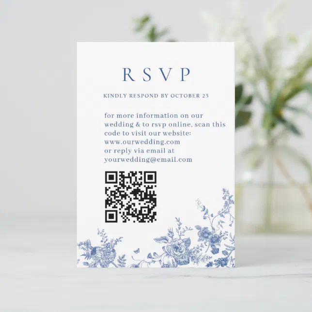 Elegant Victorian Blue Floral Wedding QR code RSVP Card | Zazzle