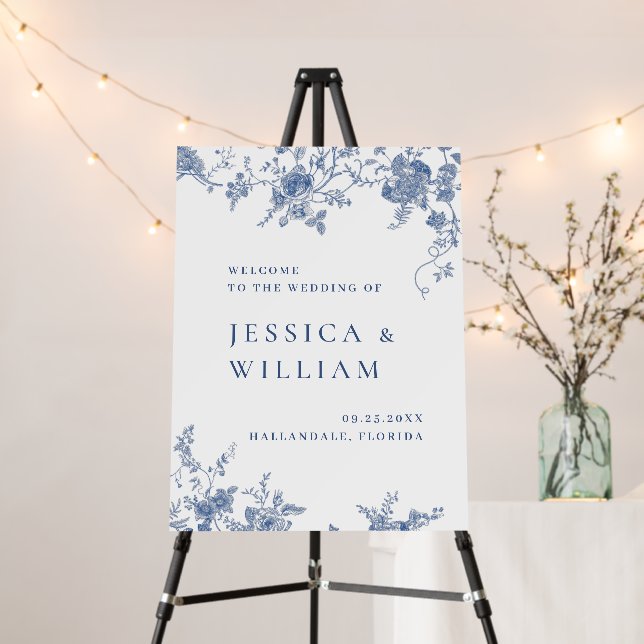 Elegant Victorian Blue Floral WELCOME Wedding Foam Board (In Situ (Stand))