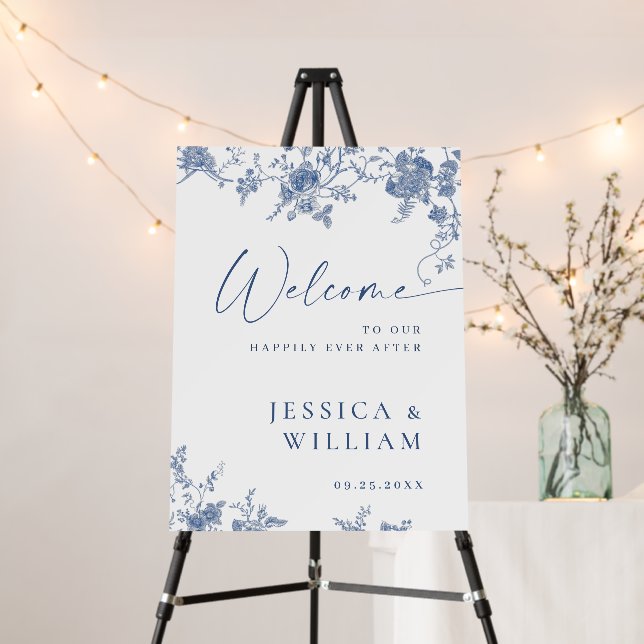 Elegant Victorian Blue Floral WELCOME Wedding Foam Board (In Situ (Stand))