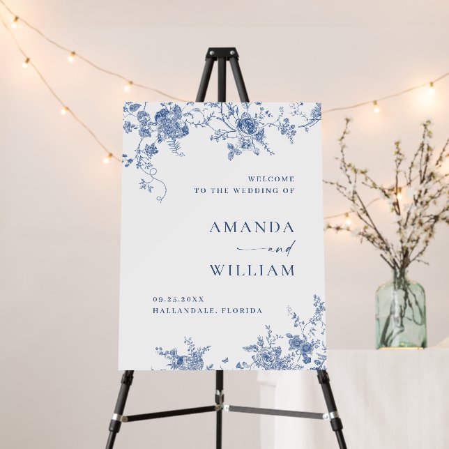 Elegant Victorian Blue Floral WELCOME Wedding Foam Board (In Situ (Stand))