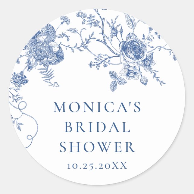 Elegant Victorian Blue French Floral Bridal Shower Classic Round Sticker (Front)