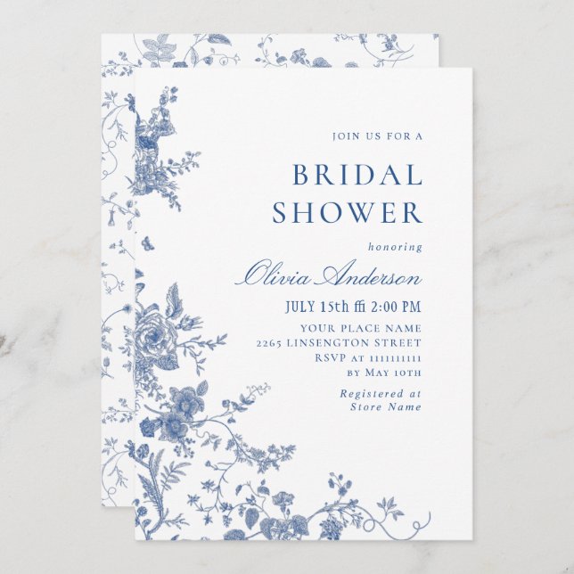 Elegant Victorian Blue French Floral BRIDAL SHOWER Invitation (Front/Back)