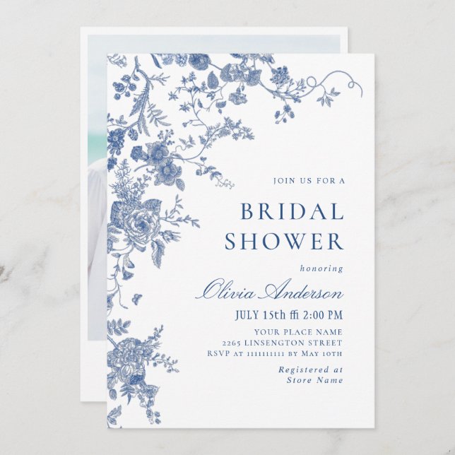 Elegant Victorian Blue French Floral BRIDAL SHOWER Invitation (Front/Back)