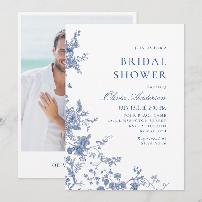 Elegant Victorian Blue French Floral BRIDAL SHOWER Invitation (Front/Back)