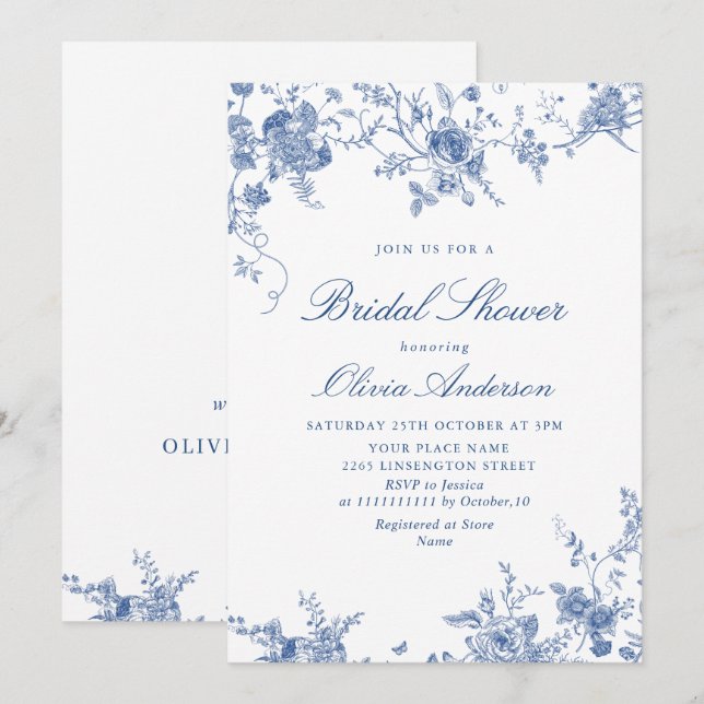 Elegant Victorian Blue French Floral BRIDAL SHOWER Invitation (Front/Back)