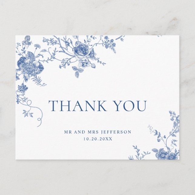 Elegant Victorian Blue French Floral Thank You Postcard (Front)