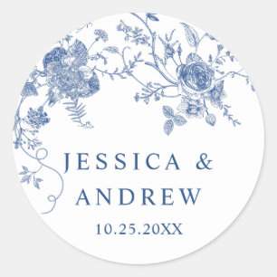 Elegant Victorian Blue French Floral Wedding Classic Round Sticker