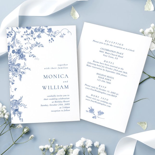 Elegant Victorian Blue French Floral Wedding Invitation (Creator Uploaded)