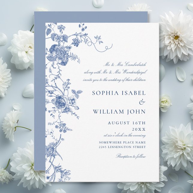 Elegant Victorian Blue French Floral Wedding Invitation (Creator Uploaded)
