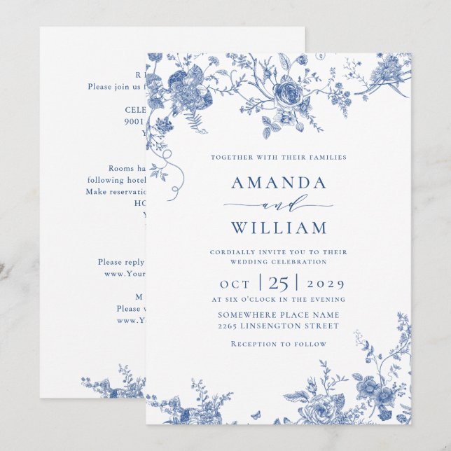 Elegant Victorian Blue French Floral Wedding Invitation (Front/Back)