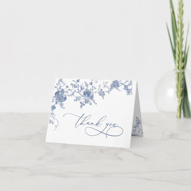 Elegant Victorian Blue French Floral Wedding Letterpress Thank You Card ...
